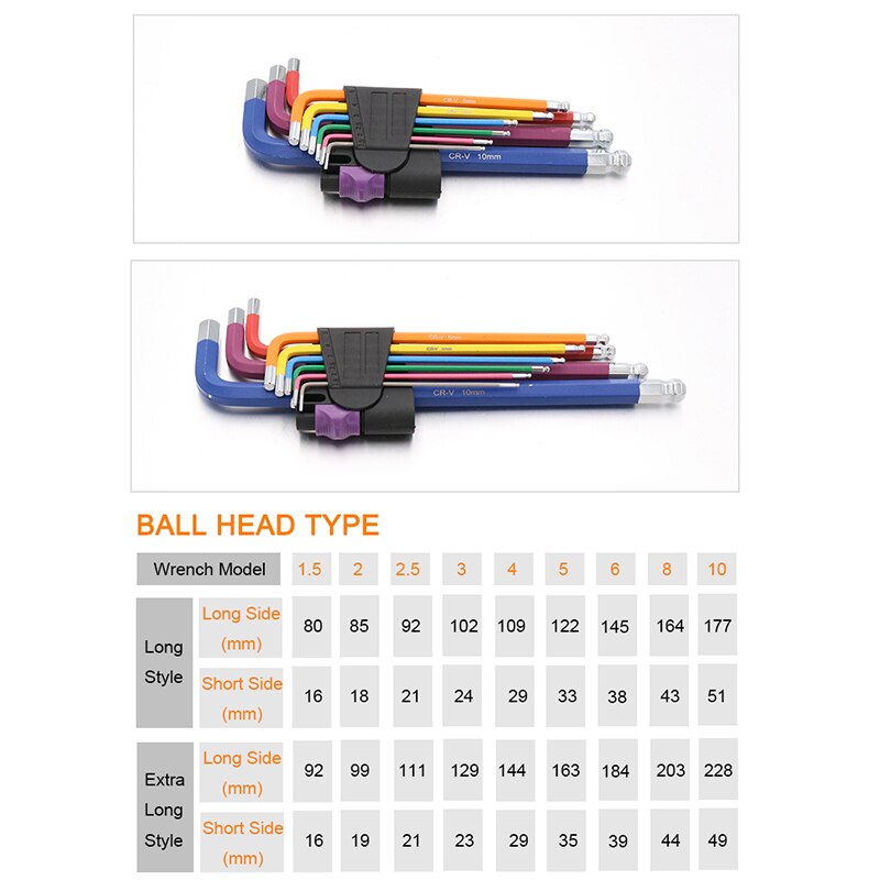 9Pcs 1.5mm-10mm Bike Tools Color Coded Ball-End Hex Allen Key