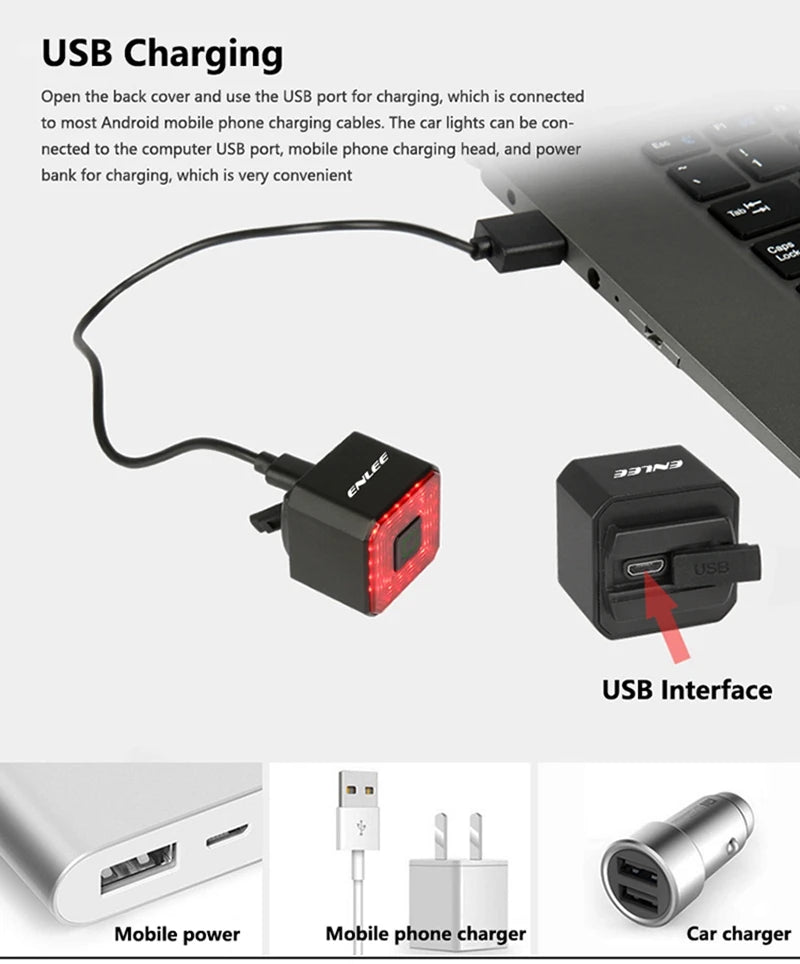 ENLEE Rear Bicycle Light, USB charging, built in power display indicator, IPX6-Waterproof