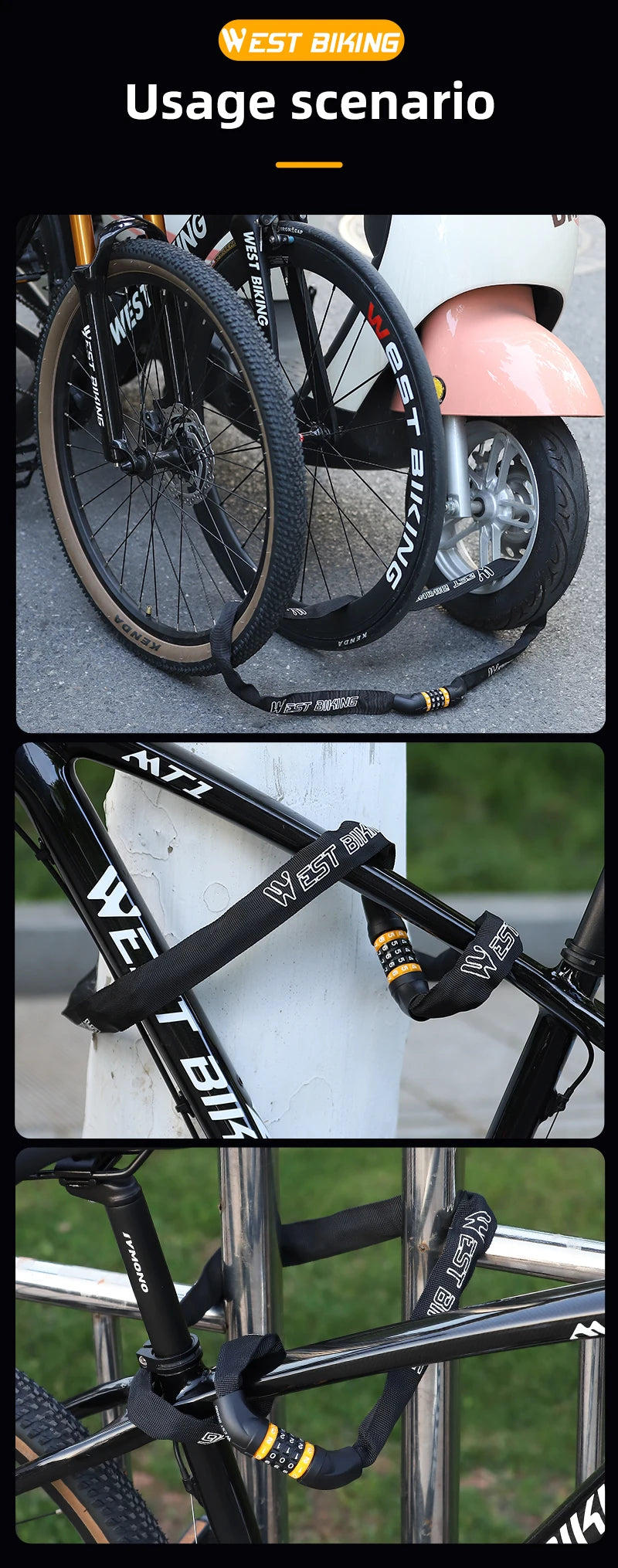 WEST BIKING 65-150cm Bike Chain with 5 Digit code Lock