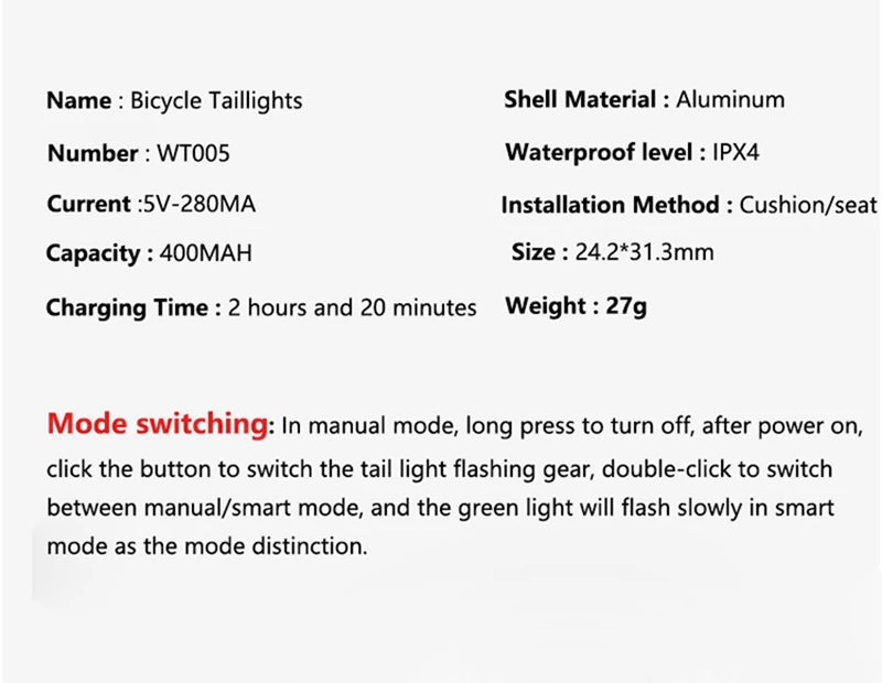 ENLEE Rear Bicycle Light, USB charging, built in power display indicator, IPX6-Waterproof