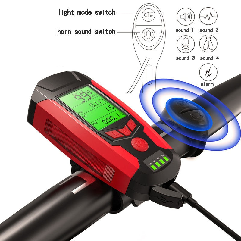 3 in 1 USB Bicycle Light, Horn, Odometer