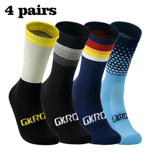 4 Pairs of Quality Socks with flashes of yellow red and blue in different patterns