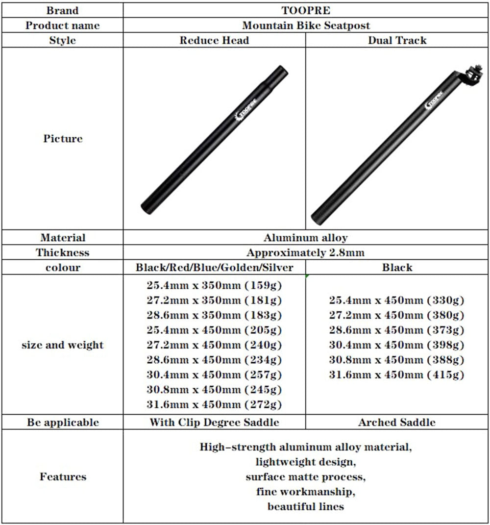 TOOPRE MTB Aluminum Seat post Ultralight