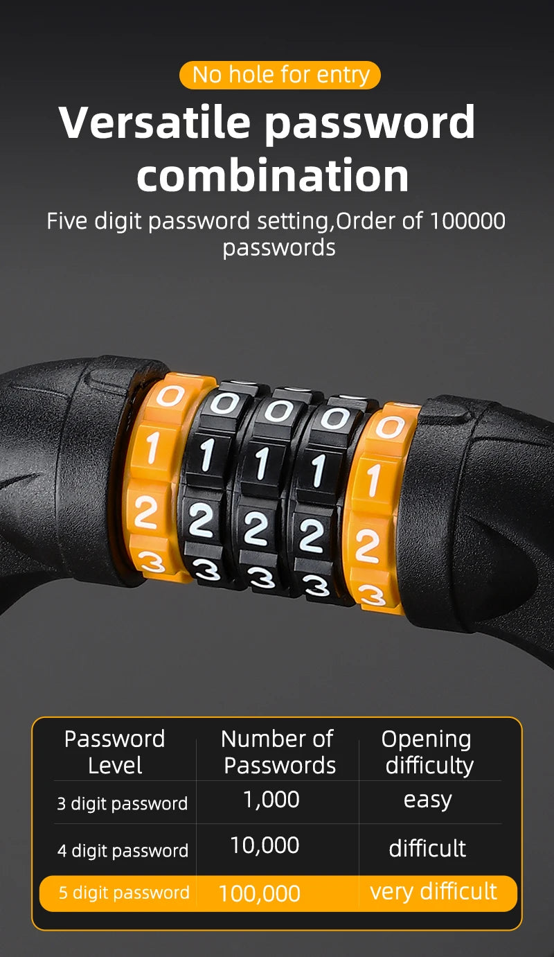 WEST BIKING 65-150cm  Bike Chain with 5 Digit code Lock