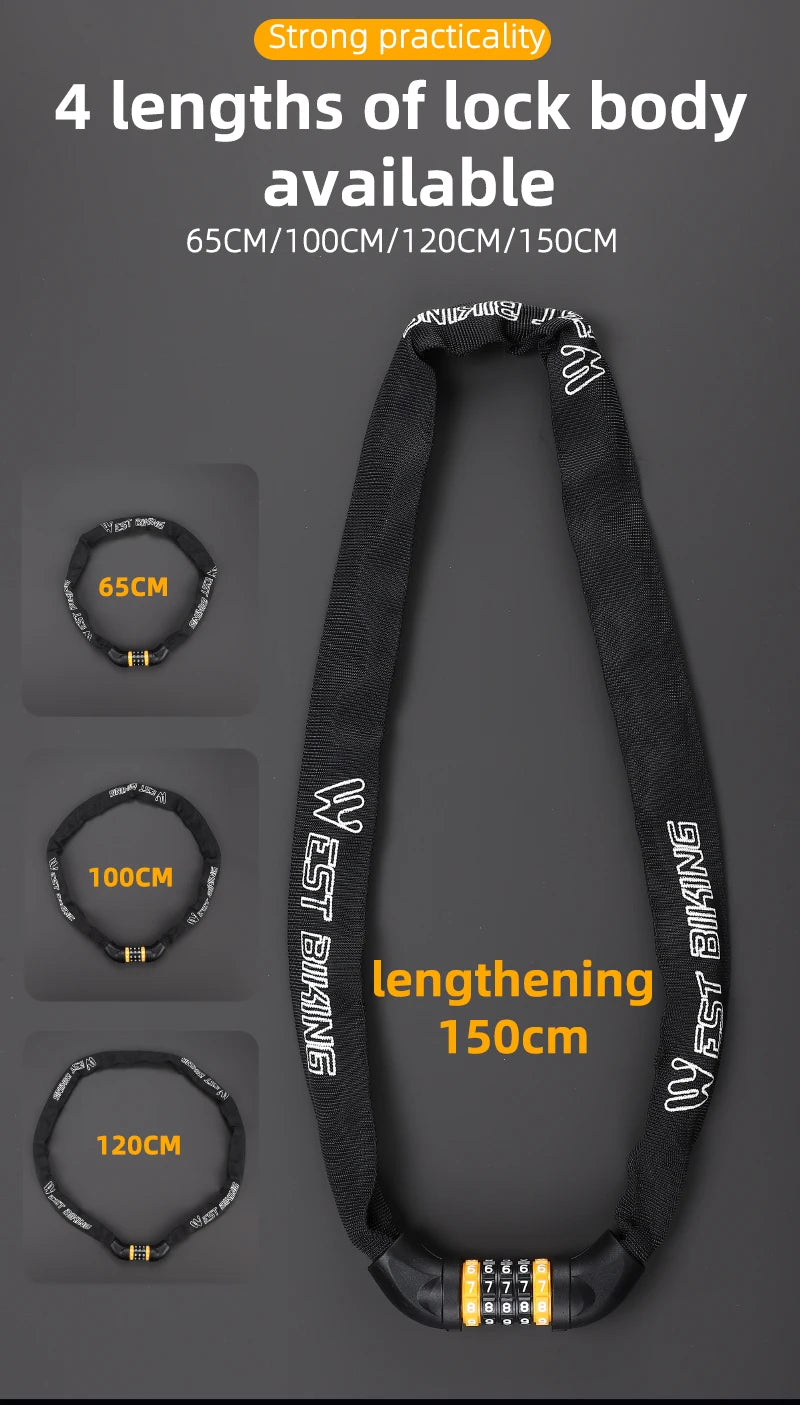 WEST BIKING 65-150cm  Bike Chain with 5 Digit code Lock