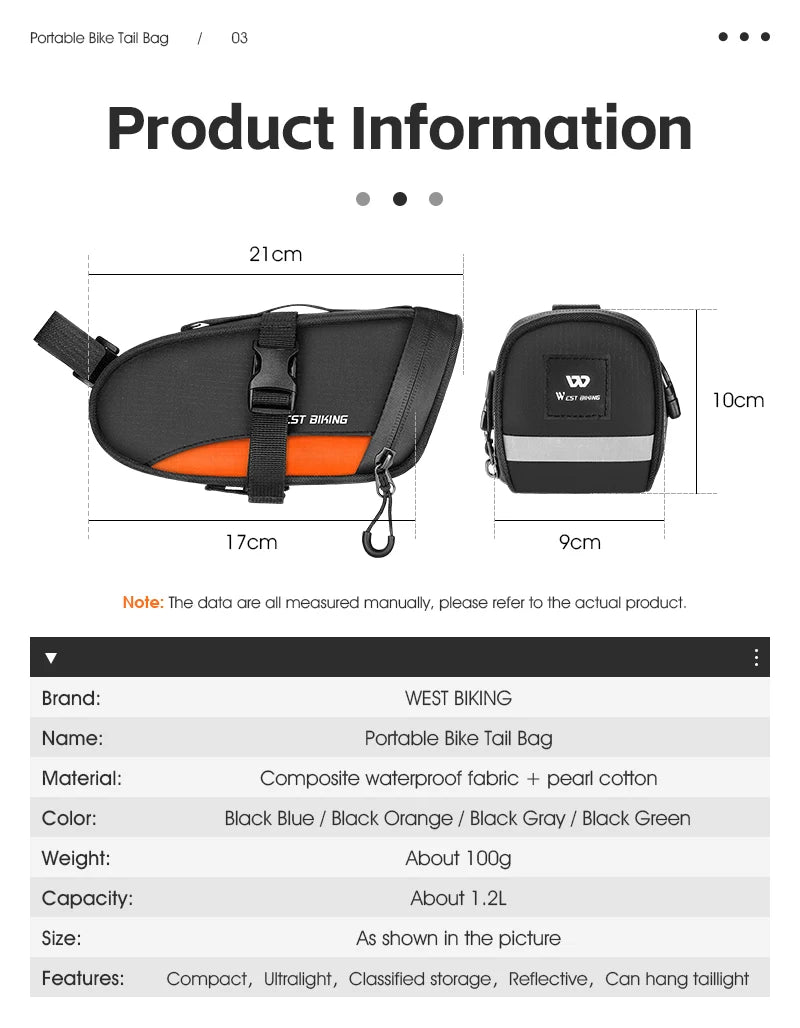 WEST BIKING Portable Bike Tail Bag 1.2L Reflective Cycling Bag