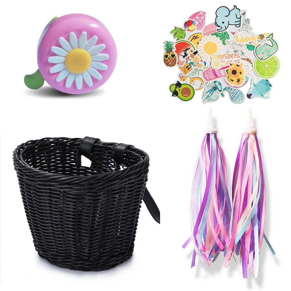 Bicycle Basket, Stickers and Bell for Child's Bike black