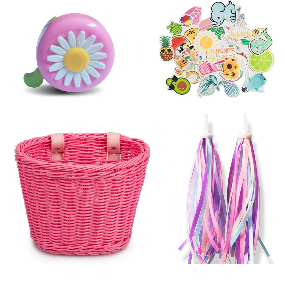 Bicycle Basket, Stickers and Bell for Child's Bike pink