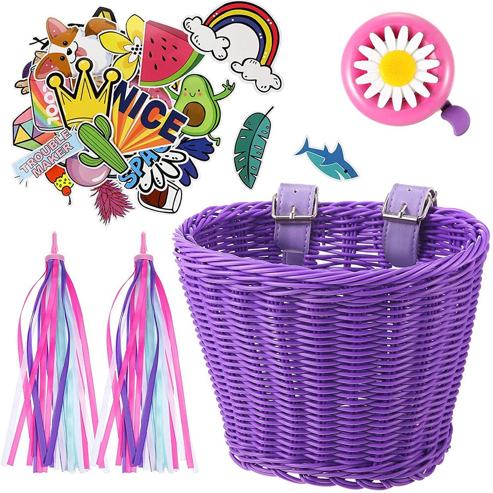 Bicycle Basket, Stickers and Bell for Child's Bike purple