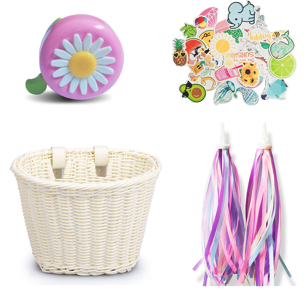 Bicycle Basket, Stickers and Bell for Child's Bike white