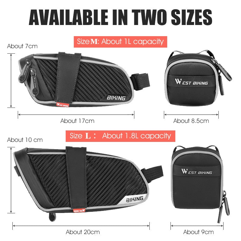 Bicycle Saddle Bag 1L or 1.8L for Mountain, Road or Electric Bikes.