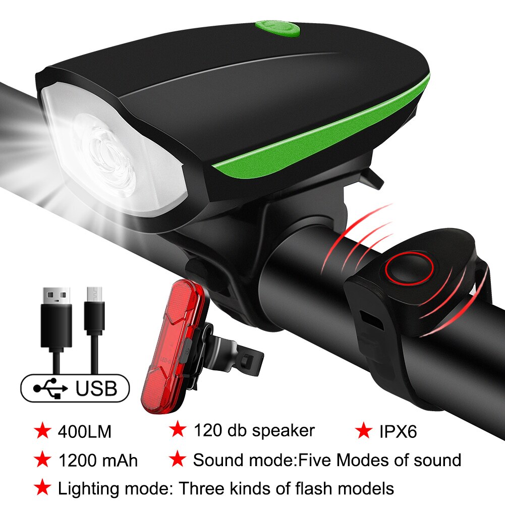 Multifunctional Bicycle light, 400 Lumens and horn 120dcb, USB Rechargeable