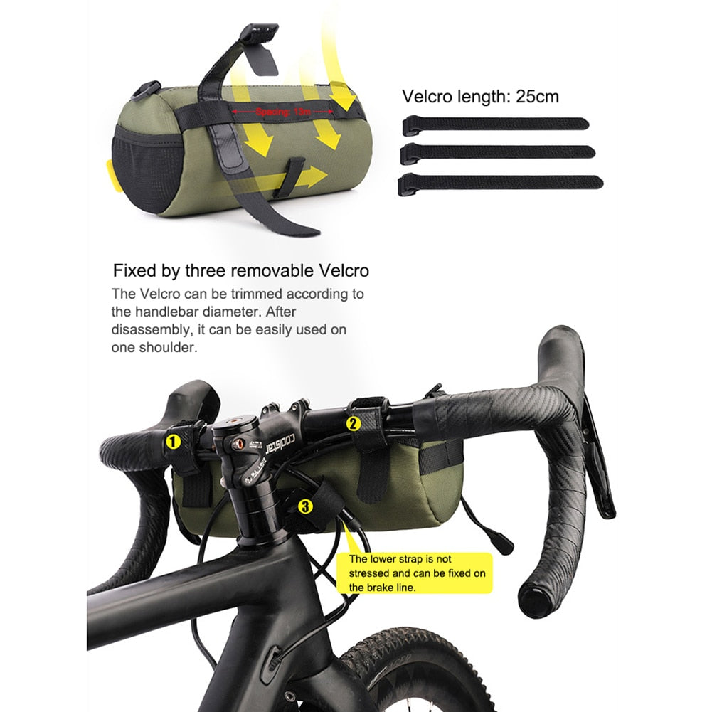 Handlebar tube bag suitable for flat bar, hybrid, mountain, road and electric bikes