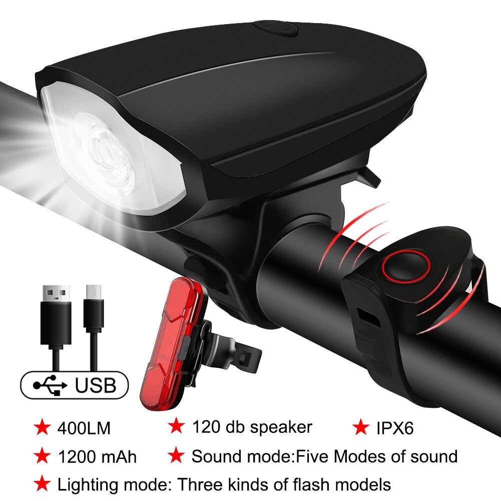 Multifunctional Bicycle light, 400 Lumens and horn 120dcb, USB Rechargeable