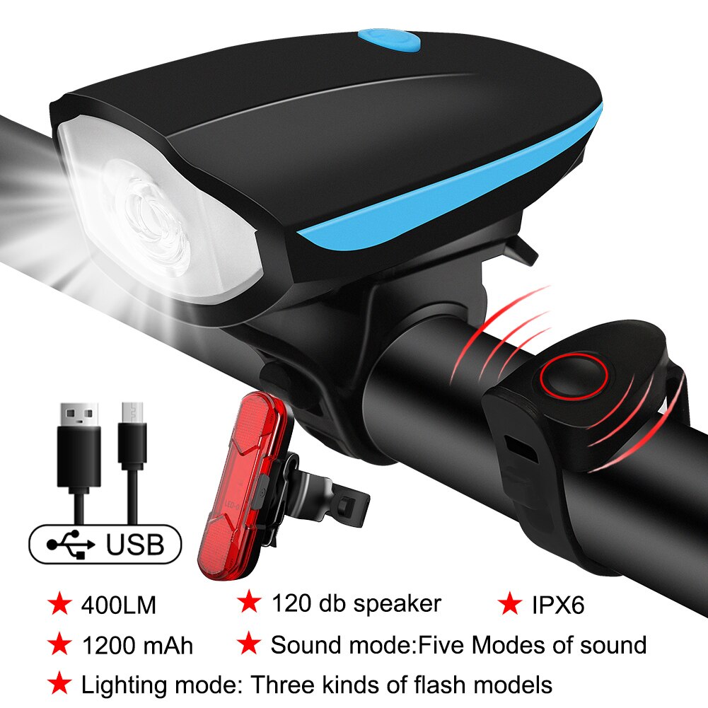 Multifunctional Bicycle light, 400 Lumens and horn 120dcb, USB Rechargeable